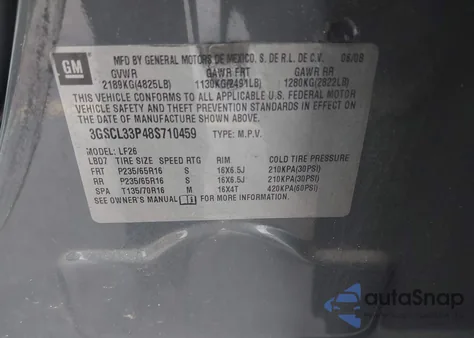 2008 Saturn Vue 4-Cyl Xe из США, поврежденный, VIN 3GSCL33P48S710459